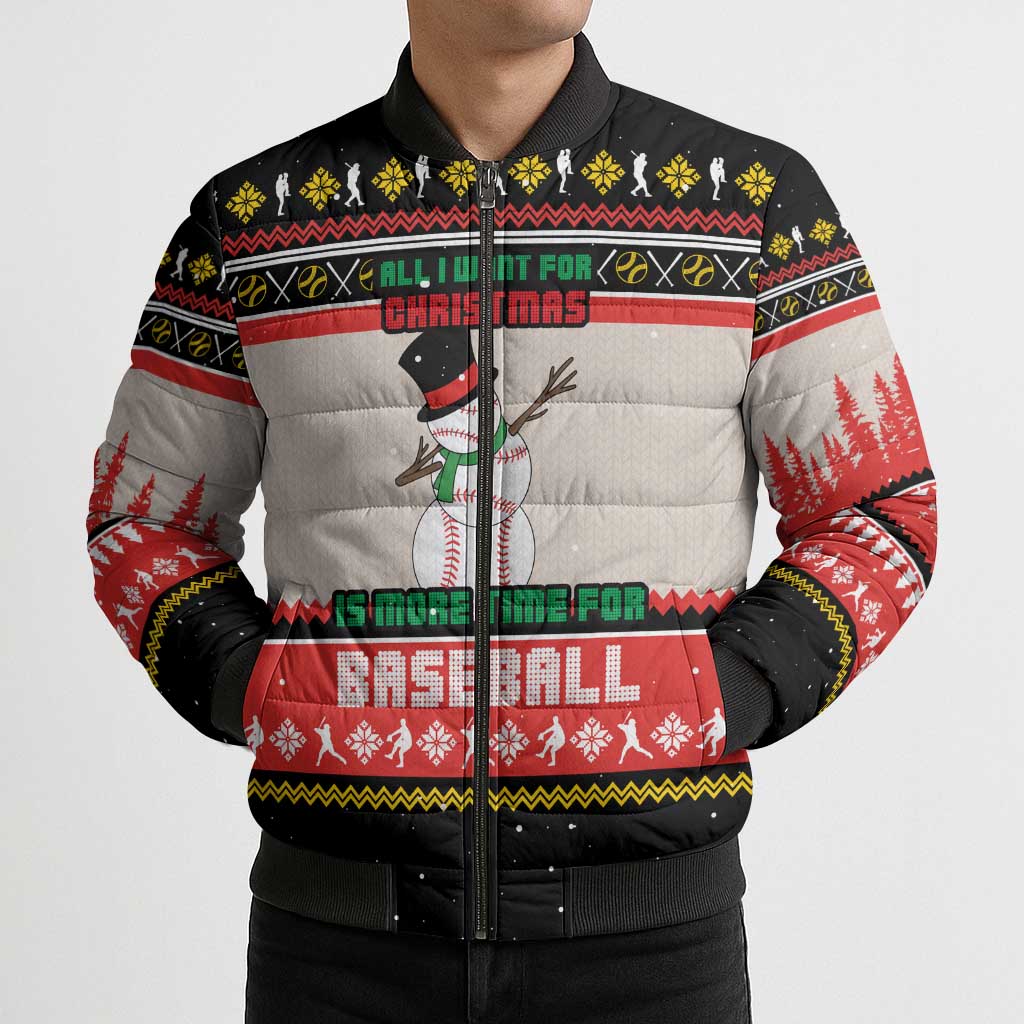 Is More Time for Baseball Design Bomber Puffer Jacket with Baseball Snowman All I Want for Christmas - Wonder Print Shop