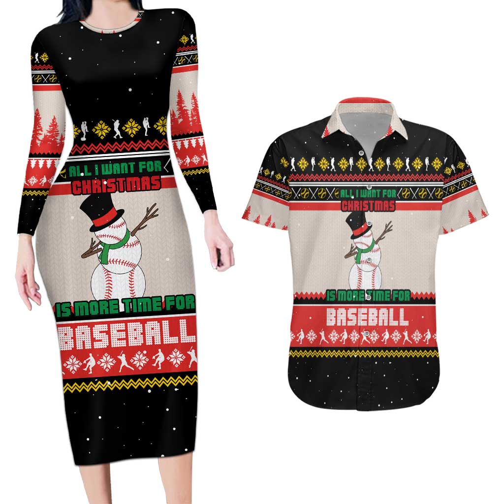 Is More Time for Baseball Design Couples Matching Long Sleeve Bodycon Dress and Hawaiian Shirt with Baseball Snowman All I Want for Christmas - Wonder Print Shop
