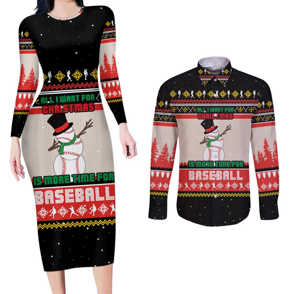 Is More Time for Baseball Design Couples Matching Long Sleeve Bodycon Dress and Long Sleeve Button Shirt with Baseball Snowman All I Want for Christmas - Wonder Print Shop