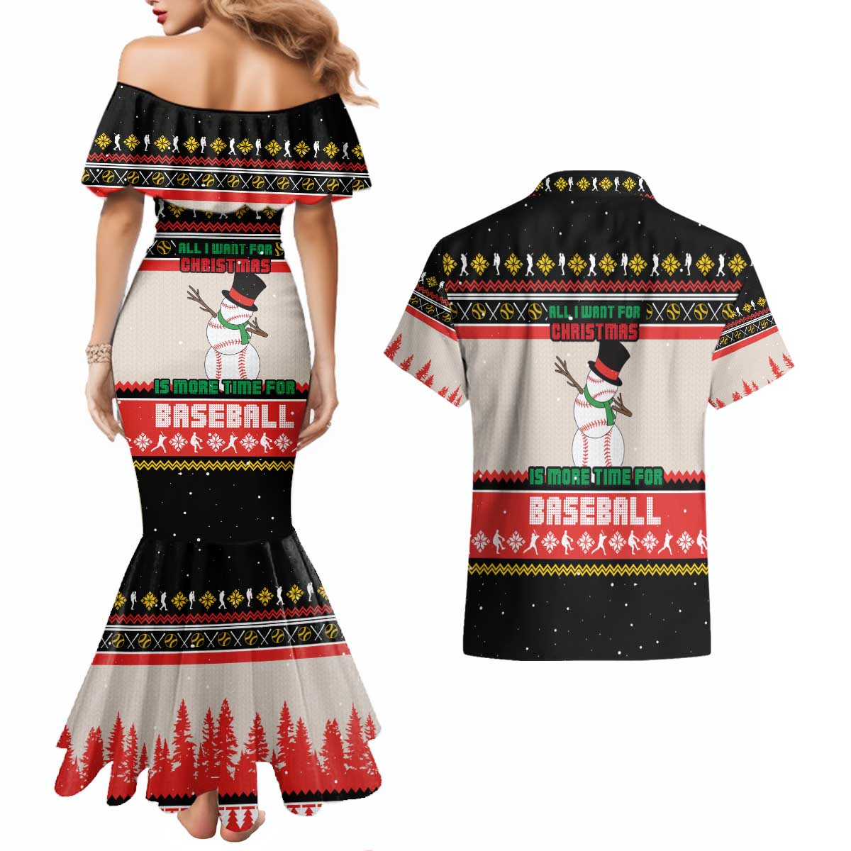 Is More Time for Baseball Design Couples Matching Mermaid Dress and Hawaiian Shirt with Baseball Snowman All I Want for Christmas - Wonder Print Shop