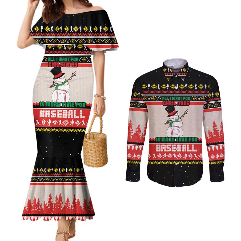 Is More Time for Baseball Design Couples Matching Mermaid Dress and Long Sleeve Button Shirt with Baseball Snowman All I Want for Christmas - Wonder Print Shop