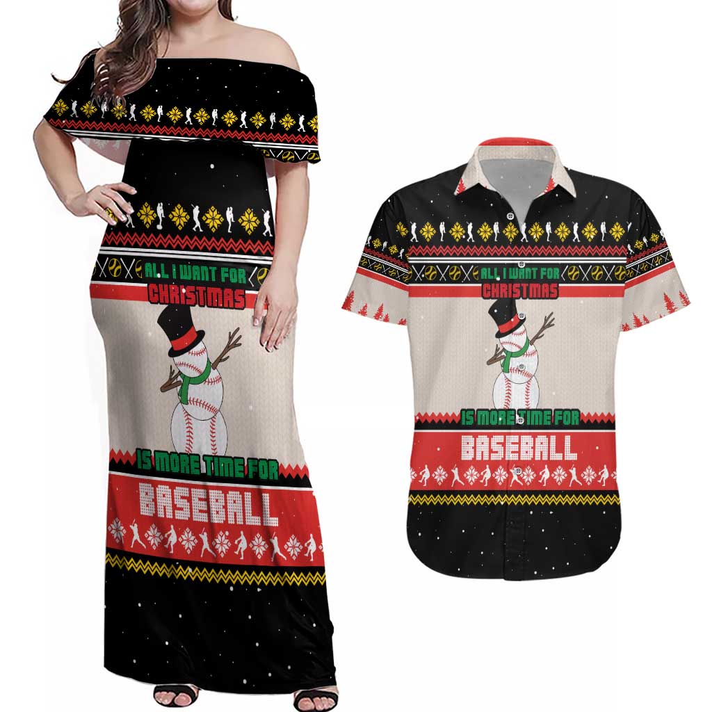 Is More Time for Baseball Design Couples Matching Off Shoulder Maxi Dress and Hawaiian Shirt with Baseball Snowman All I Want for Christmas - Wonder Print Shop