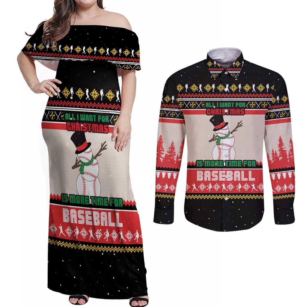 Is More Time for Baseball Design Couples Matching Off Shoulder Maxi Dress and Long Sleeve Button Shirt with Baseball Snowman All I Want for Christmas - Wonder Print Shop