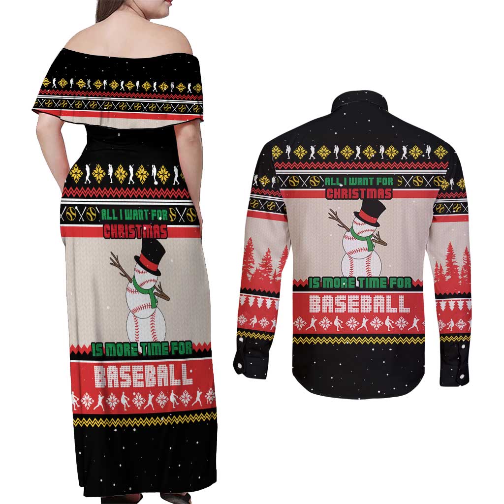 Is More Time for Baseball Design Couples Matching Off Shoulder Maxi Dress and Long Sleeve Button Shirt with Baseball Snowman All I Want for Christmas - Wonder Print Shop