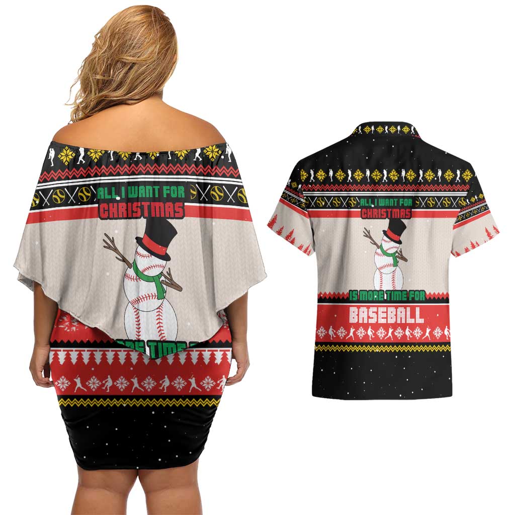 Is More Time for Baseball Design Couples Matching Off Shoulder Short Dress and Hawaiian Shirt with Baseball Snowman All I Want for Christmas - Wonder Print Shop