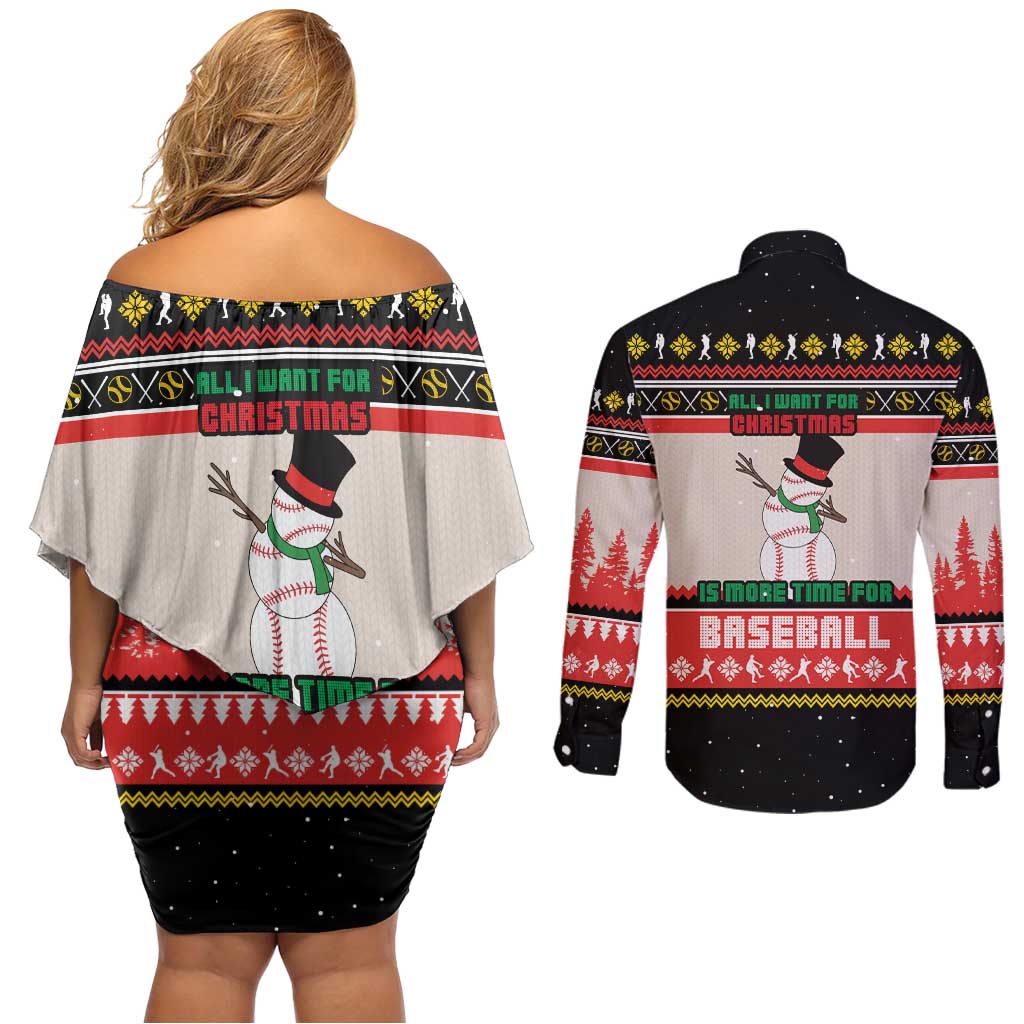 Is More Time for Baseball Design Couples Matching Off Shoulder Short Dress and Long Sleeve Button Shirt with Baseball Snowman All I Want for Christmas - Wonder Print Shop