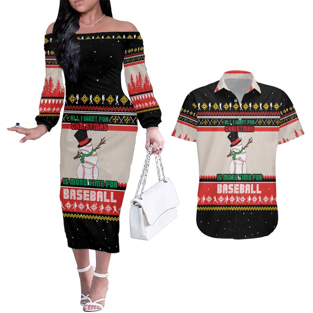 Is More Time for Baseball Design Couples Matching Off The Shoulder Long Sleeve Dress and Hawaiian Shirt with Baseball Snowman All I Want for Christmas - Wonder Print Shop
