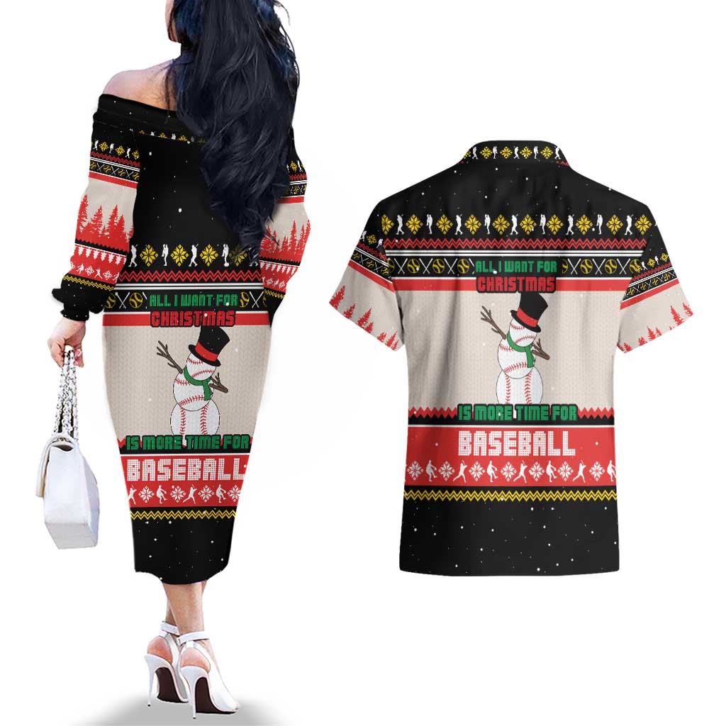 Is More Time for Baseball Design Couples Matching Off The Shoulder Long Sleeve Dress and Hawaiian Shirt with Baseball Snowman All I Want for Christmas - Wonder Print Shop