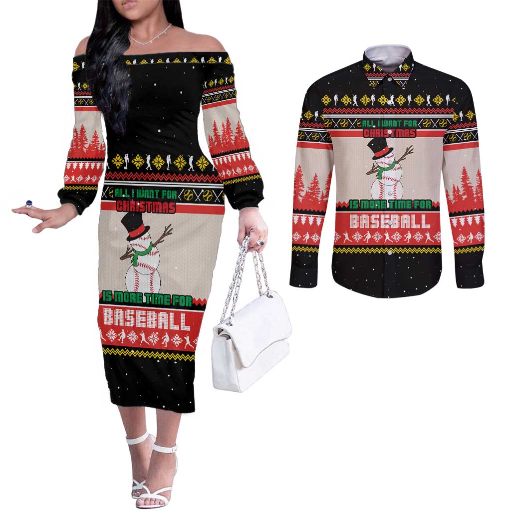 Is More Time for Baseball Design Couples Matching Off The Shoulder Long Sleeve Dress and Long Sleeve Button Shirt with Baseball Snowman All I Want for Christmas - Wonder Print Shop