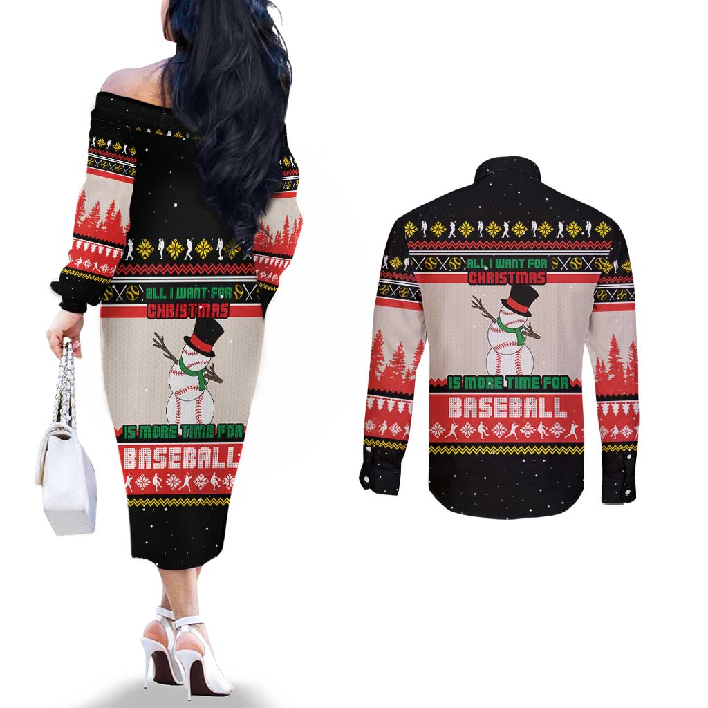Is More Time for Baseball Design Couples Matching Off The Shoulder Long Sleeve Dress and Long Sleeve Button Shirt with Baseball Snowman All I Want for Christmas - Wonder Print Shop