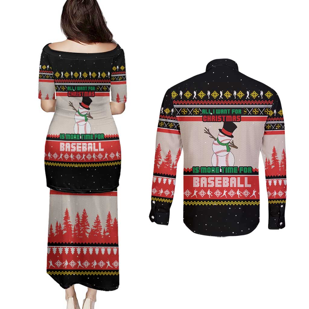 Is More Time for Baseball Design Couples Matching Puletasi and Long Sleeve Button Shirt with Baseball Snowman All I Want for Christmas - Wonder Print Shop