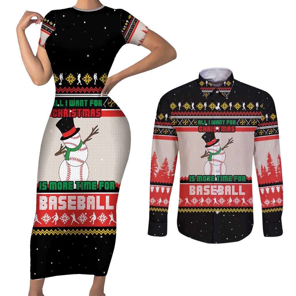 Is More Time for Baseball Design Couples Matching Short Sleeve Bodycon Dress and Long Sleeve Button Shirt with Baseball Snowman All I Want for Christmas - Wonder Print Shop