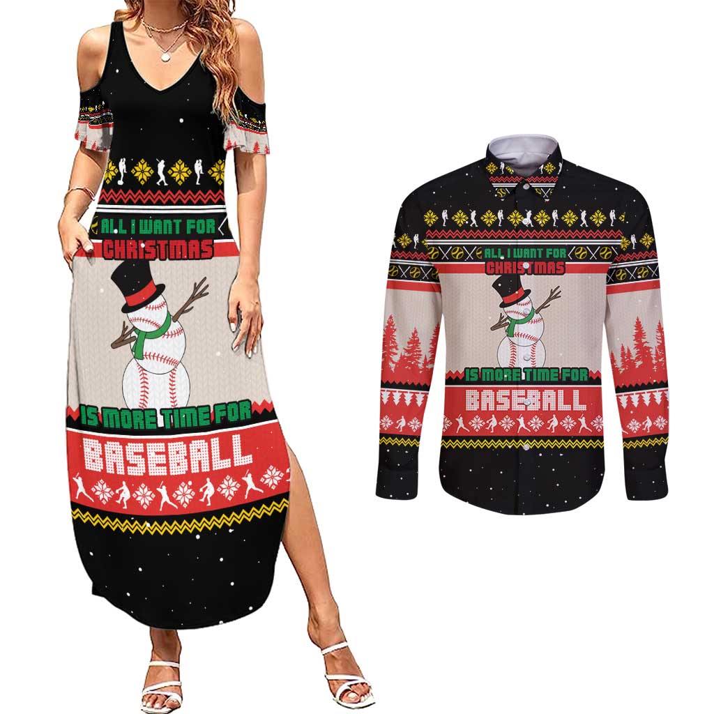Is More Time for Baseball Design Couples Matching Summer Maxi Dress and Long Sleeve Button Shirt with Baseball Snowman All I Want for Christmas - Wonder Print Shop