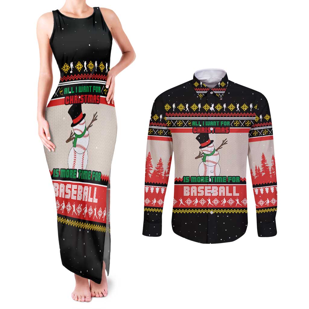 Is More Time for Baseball Design Couples Matching Tank Maxi Dress and Long Sleeve Button Shirt with Baseball Snowman All I Want for Christmas - Wonder Print Shop