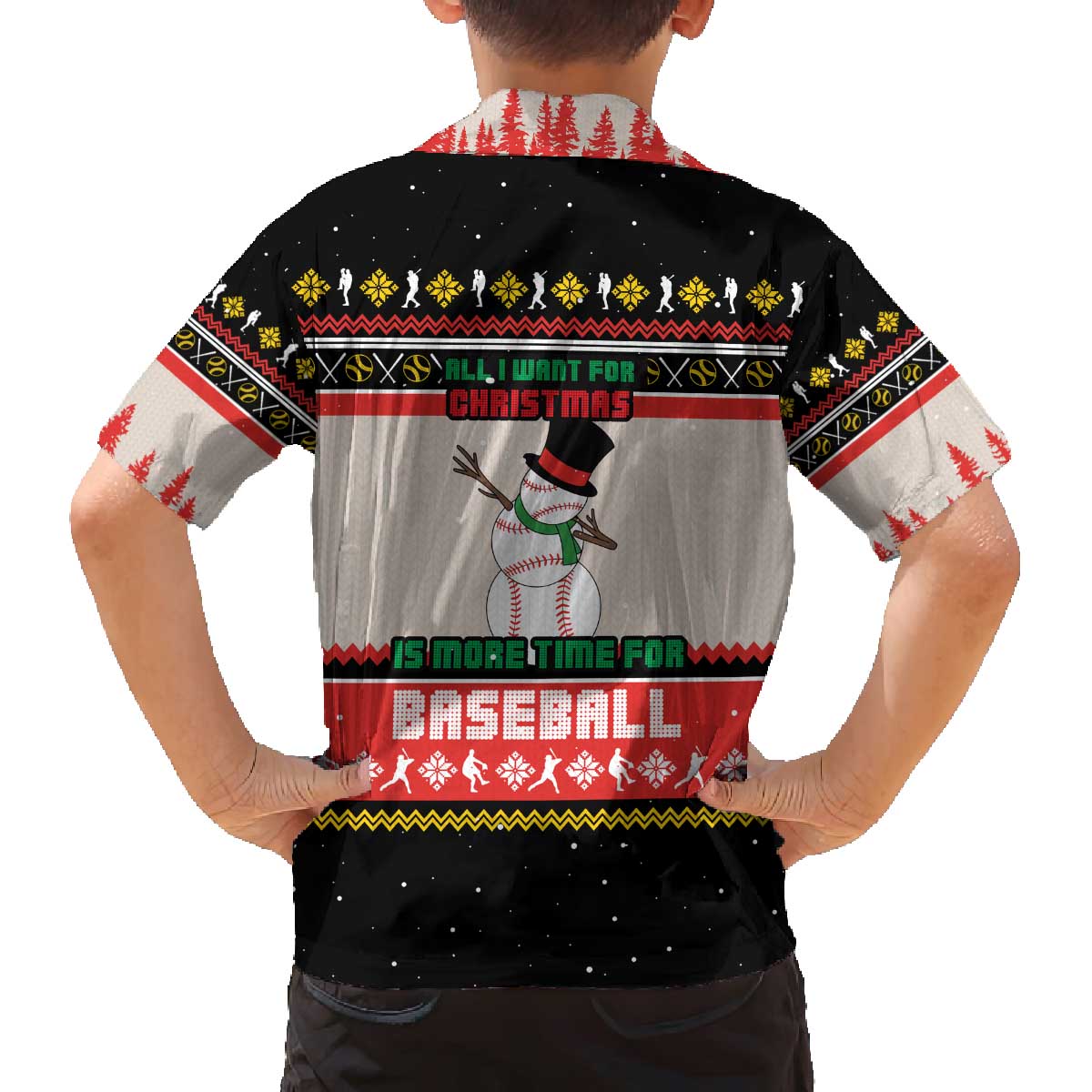 Is More Time for Baseball Design Family Matching Off The Shoulder Long Sleeve Dress and Hawaiian Shirt with Baseball Snowman All I Want for Christmas - Wonder Print Shop
