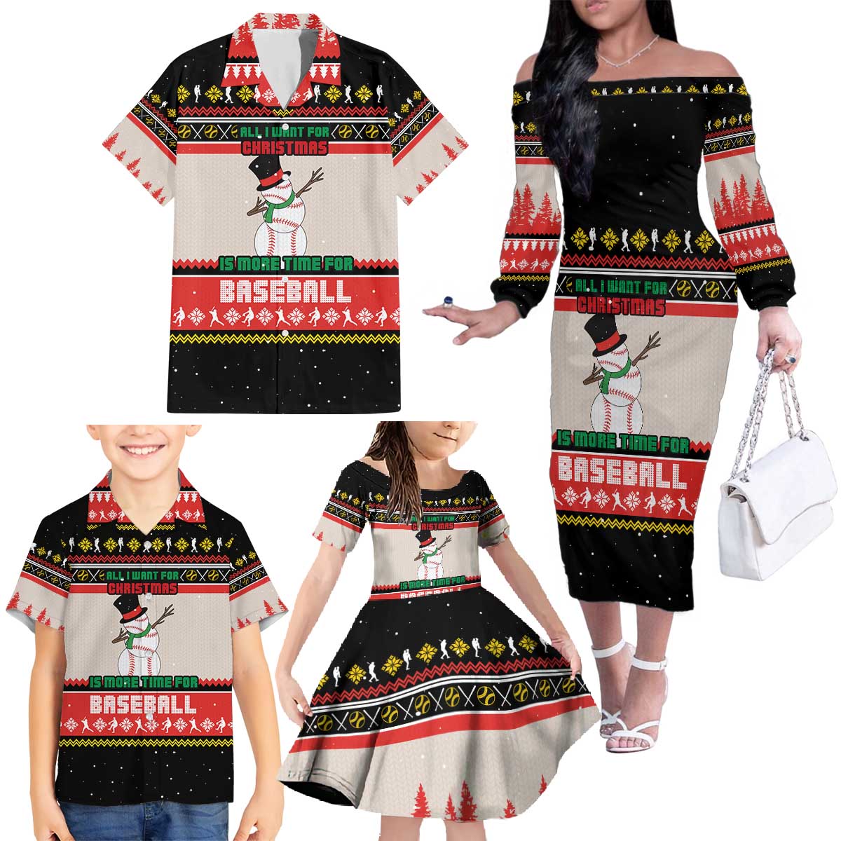 Is More Time for Baseball Design Family Matching Off The Shoulder Long Sleeve Dress and Hawaiian Shirt with Baseball Snowman All I Want for Christmas - Wonder Print Shop