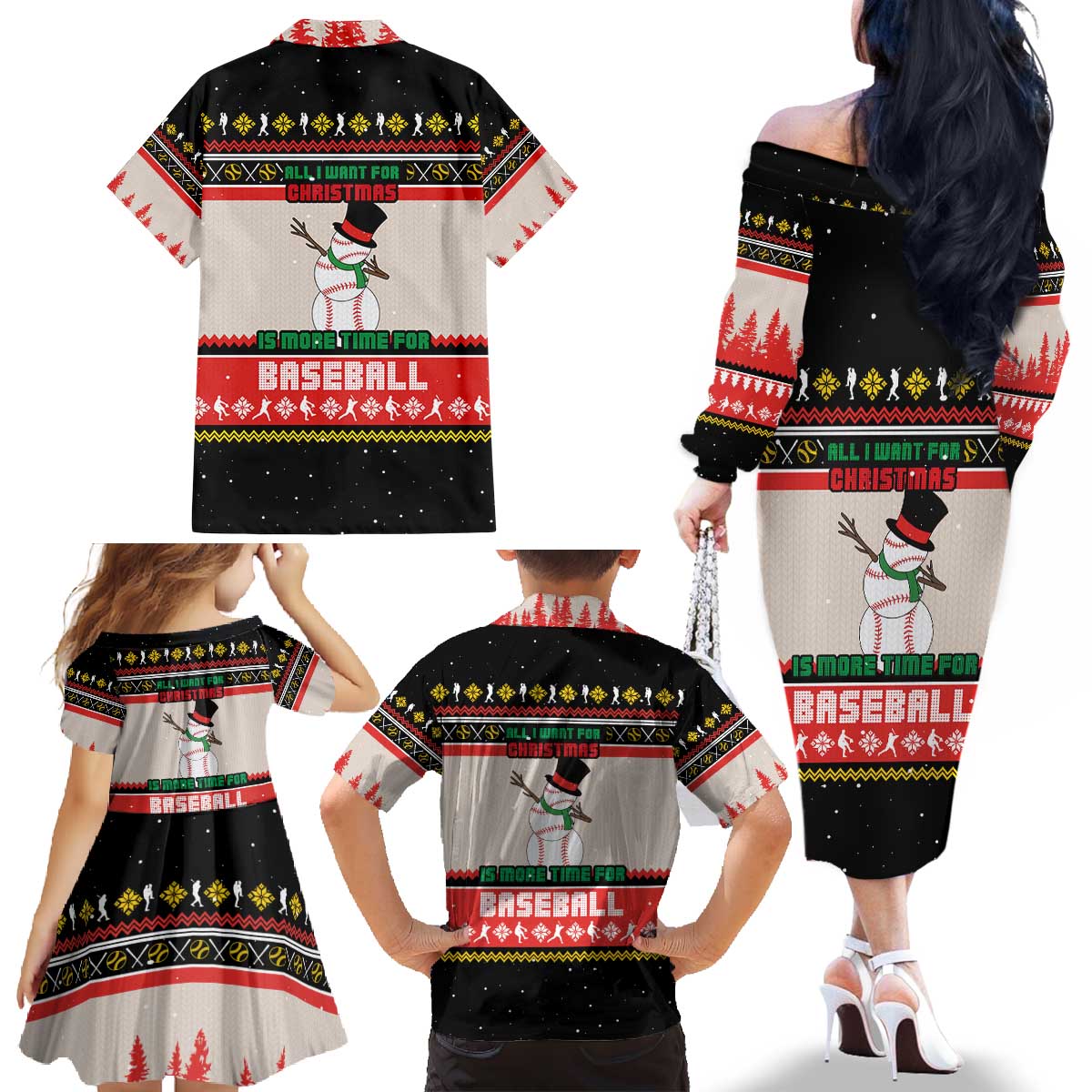 Is More Time for Baseball Design Family Matching Off The Shoulder Long Sleeve Dress and Hawaiian Shirt with Baseball Snowman All I Want for Christmas - Wonder Print Shop