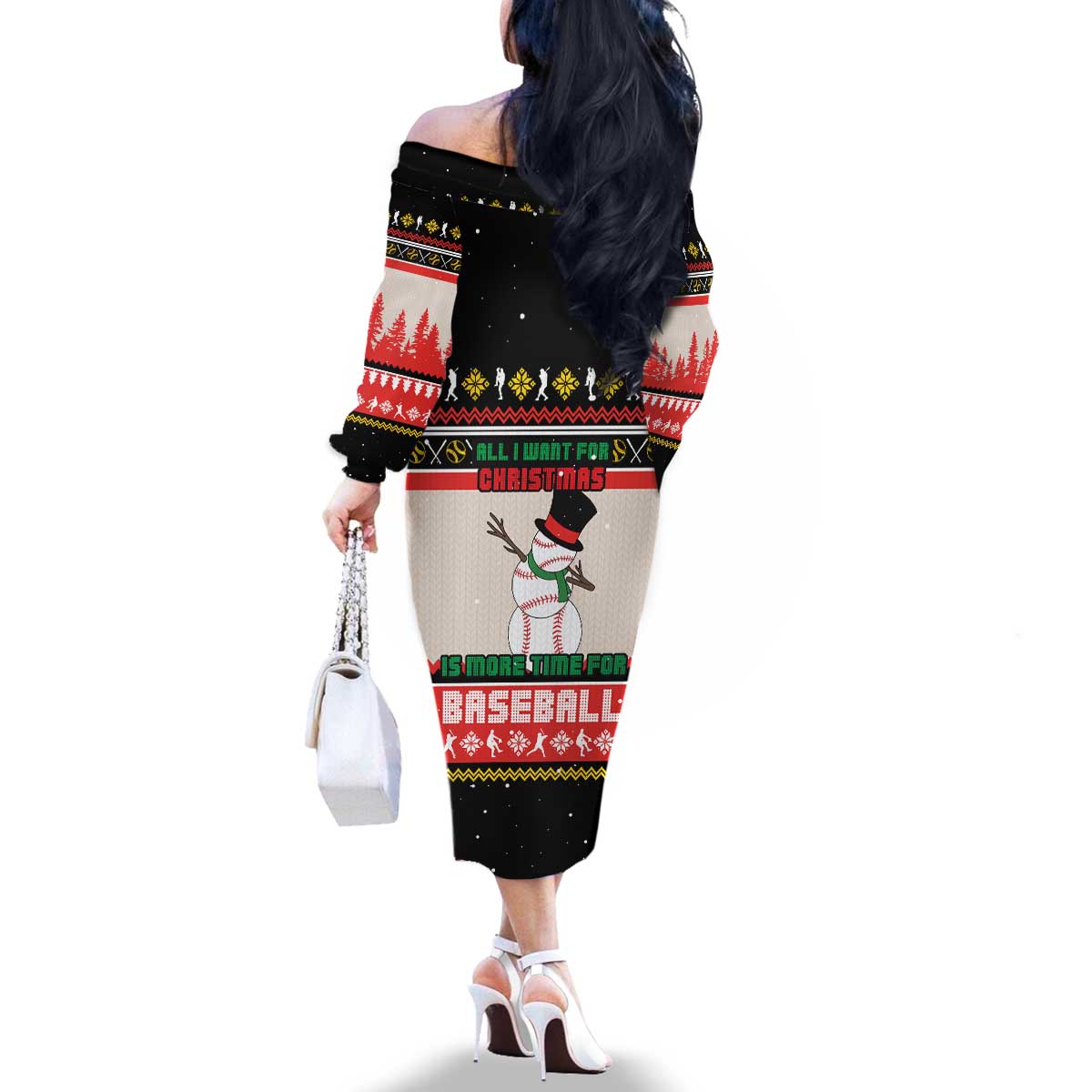 Is More Time for Baseball Design Family Matching Off The Shoulder Long Sleeve Dress and Hawaiian Shirt with Baseball Snowman All I Want for Christmas - Wonder Print Shop