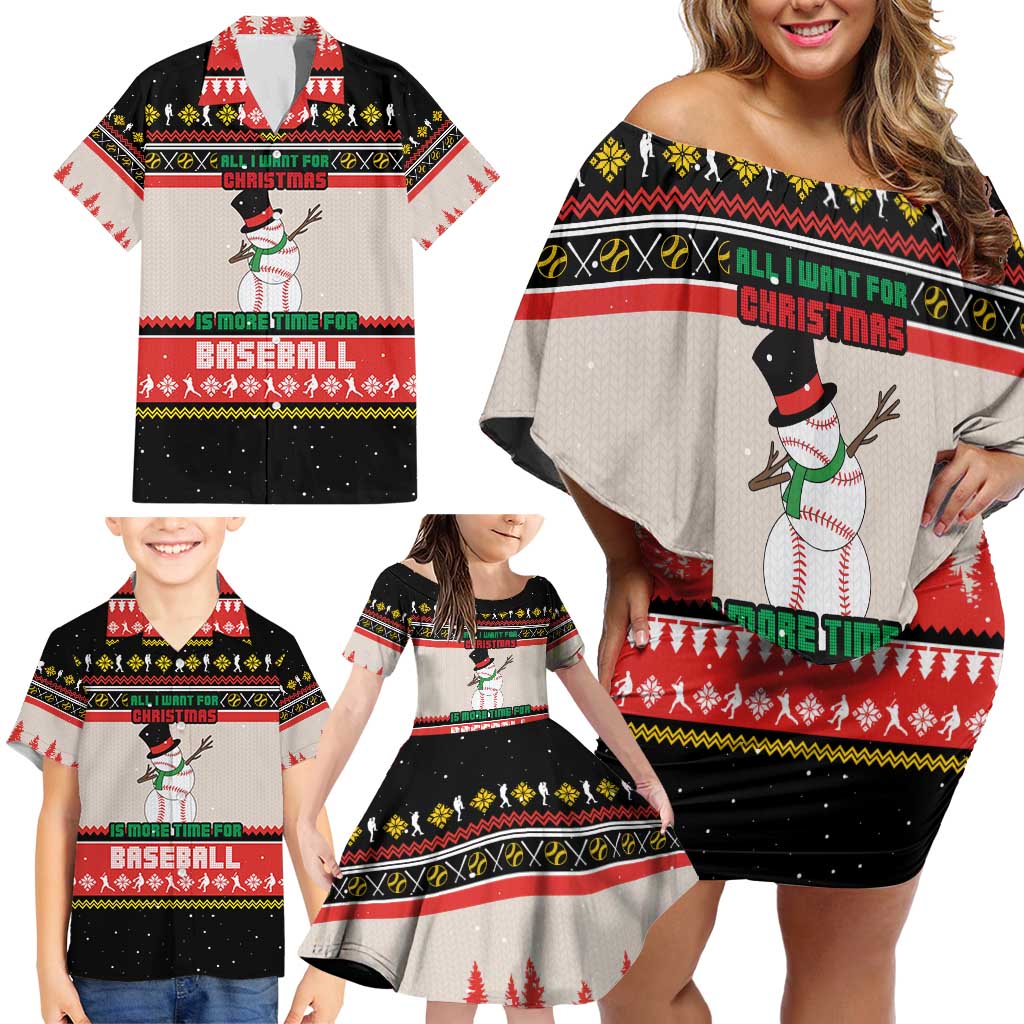 Is More Time for Baseball Design Family Matching Off Shoulder Short Dress and Hawaiian Shirt with Baseball Snowman All I Want for Christmas - Wonder Print Shop