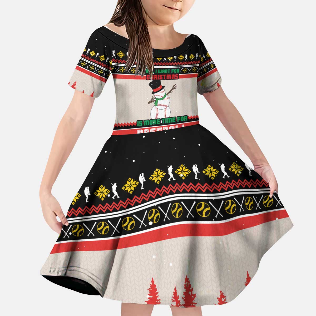 Is More Time for Baseball Design Kid Short Sleeve Dress with Baseball Snowman All I Want for Christmas - Wonder Print Shop
