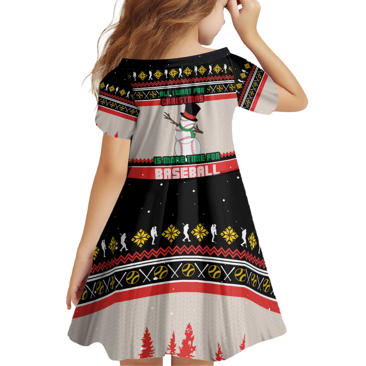 Is More Time for Baseball Design Kid Short Sleeve Dress with Baseball Snowman All I Want for Christmas - Wonder Print Shop