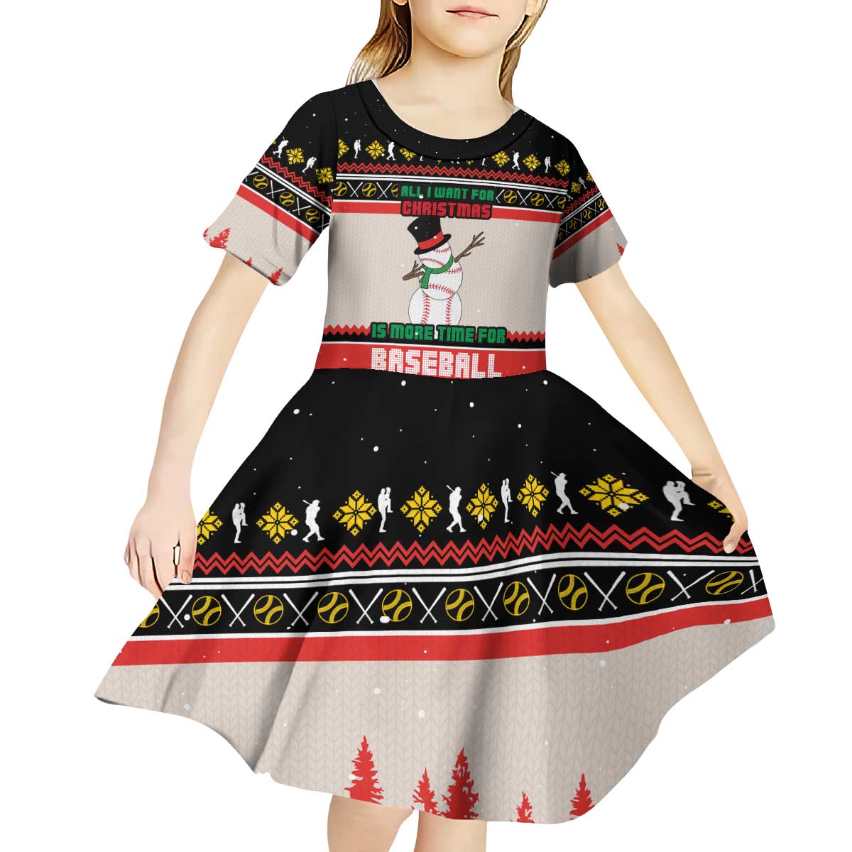 Is More Time for Baseball Design Kid Short Sleeve Dress with Baseball Snowman All I Want for Christmas - Wonder Print Shop