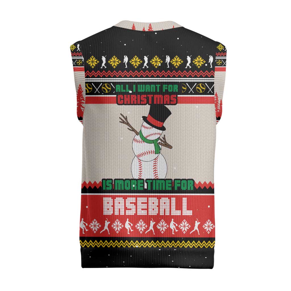 Is More Time for Baseball Design Christmas Knitted V-Neck Vest with Baseball Snowman All I Want for Christmas - Wonder Print Shop