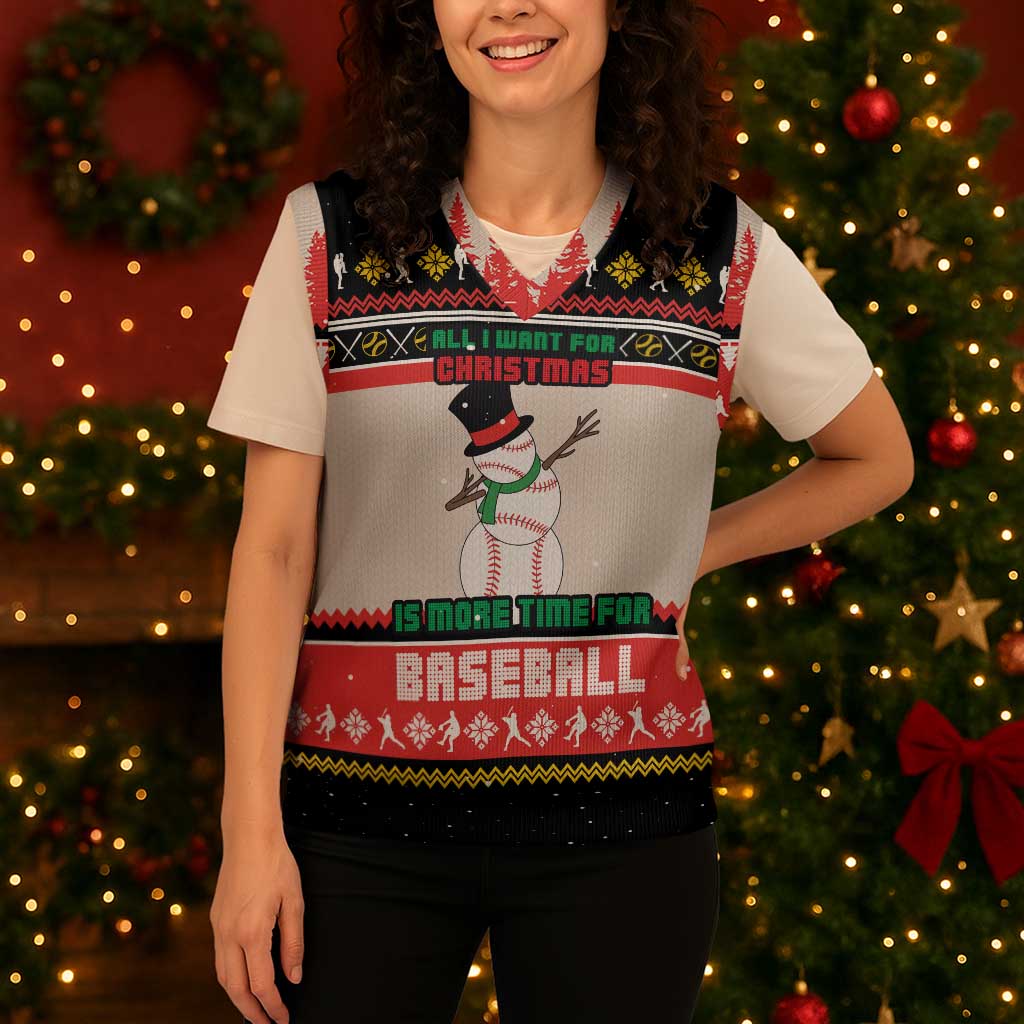 Is More Time for Baseball Design Christmas Knitted V-Neck Vest with Baseball Snowman All I Want for Christmas - Wonder Print Shop