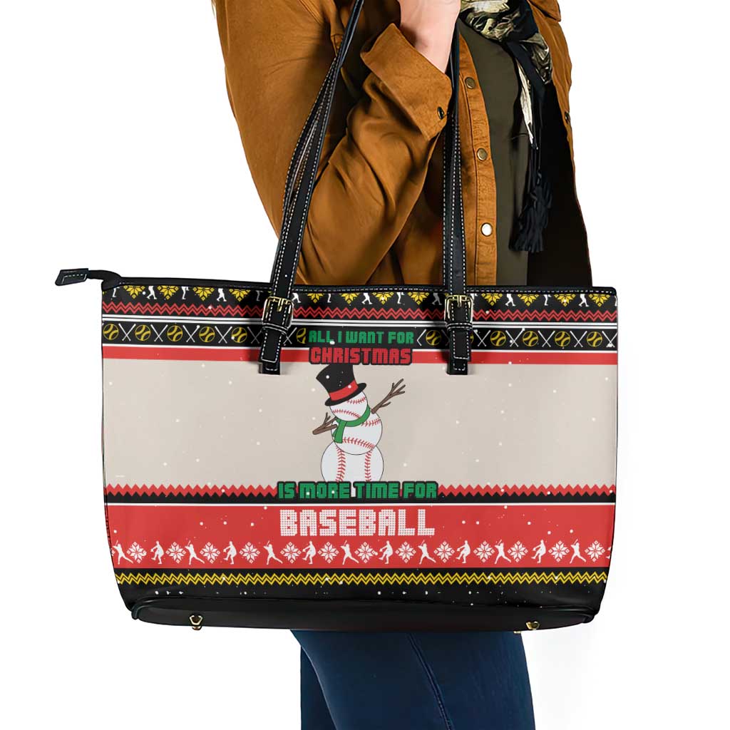 Is More Time for Baseball Design Leather Tote Bag with Baseball Snowman All I Want for Christmas - Wonder Print Shop