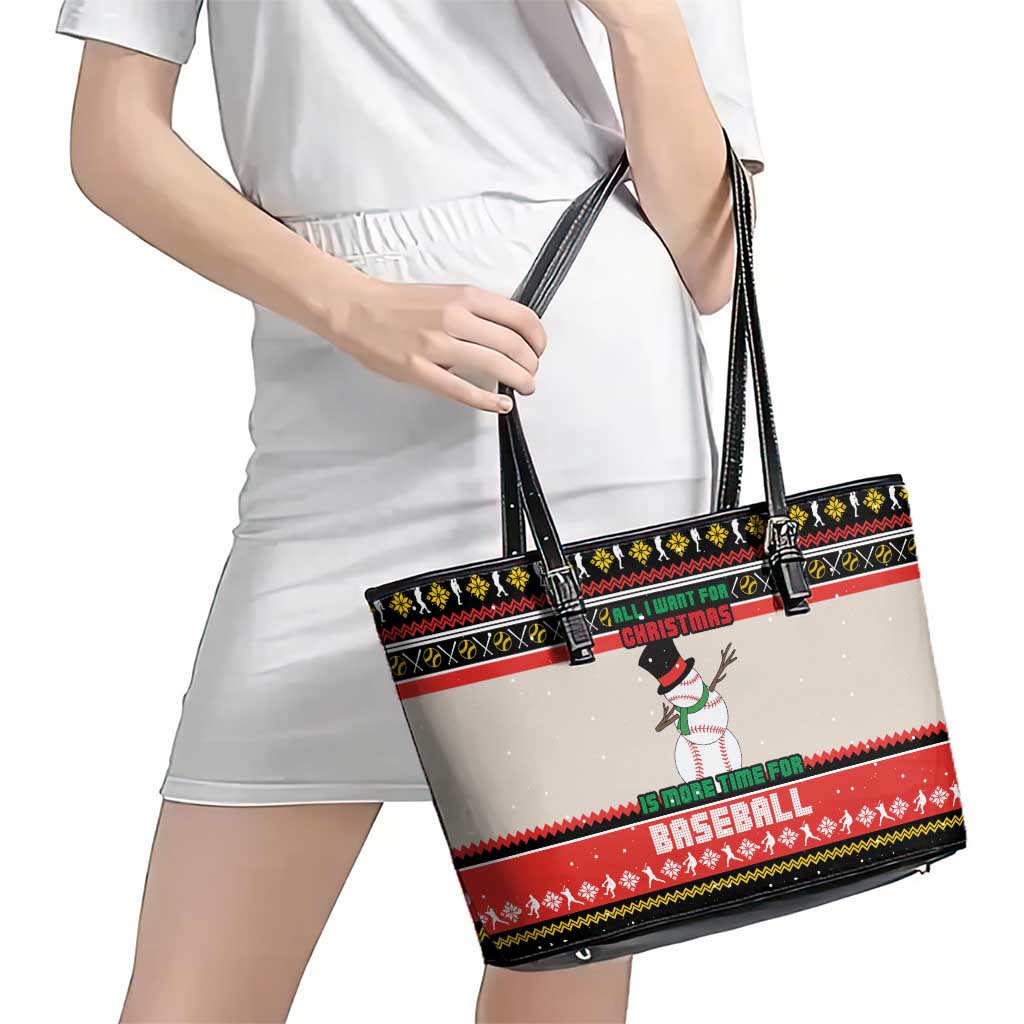 Is More Time for Baseball Design Leather Tote Bag with Baseball Snowman All I Want for Christmas - Wonder Print Shop