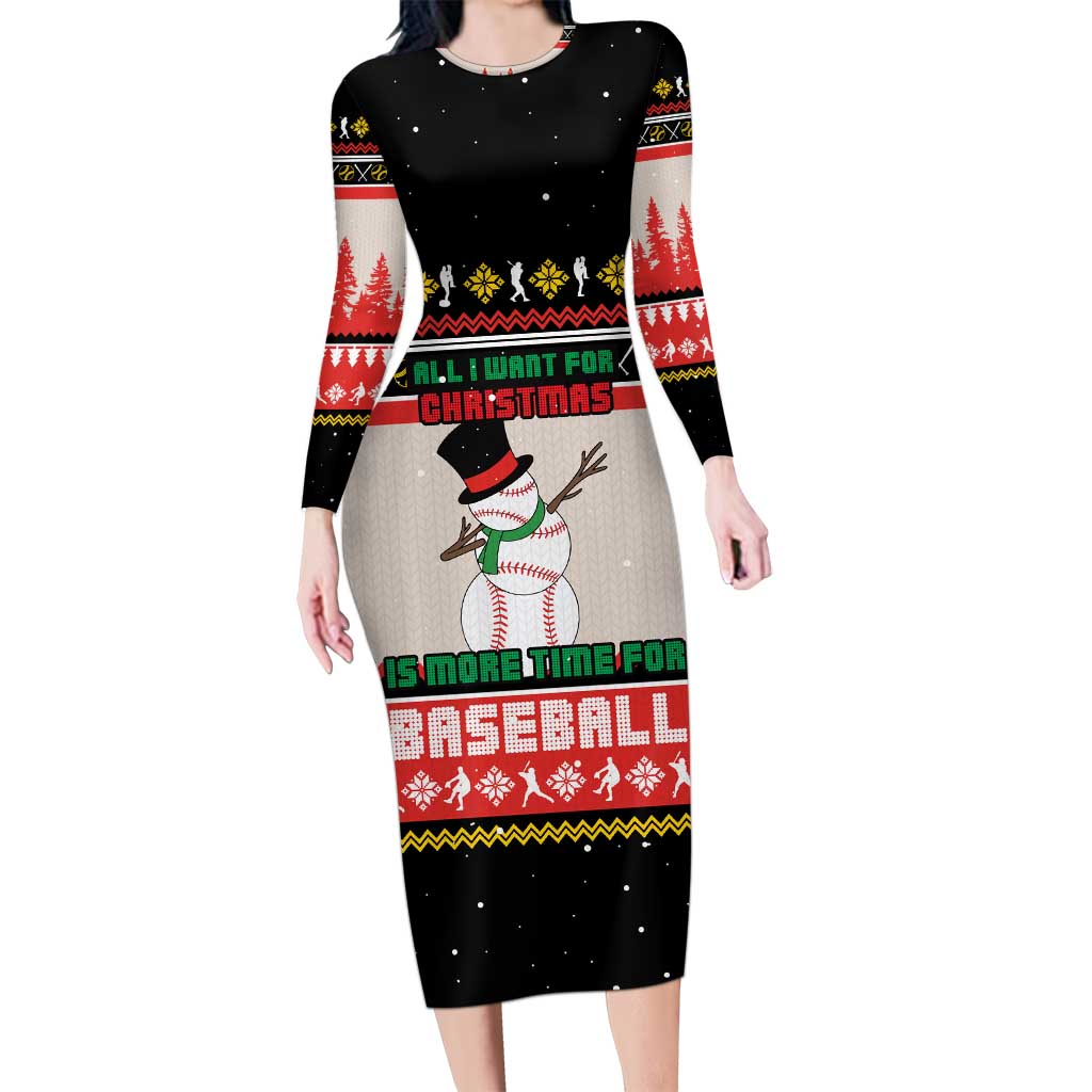 Is More Time for Baseball Design Long Sleeve Bodycon Dress with Baseball Snowman All I Want for Christmas - Wonder Print Shop