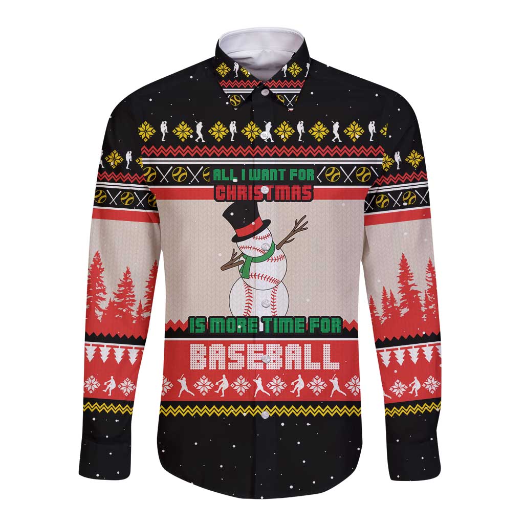 Is More Time for Baseball Design Long Sleeve Button Shirt with Baseball Snowman All I Want for Christmas - Wonder Print Shop
