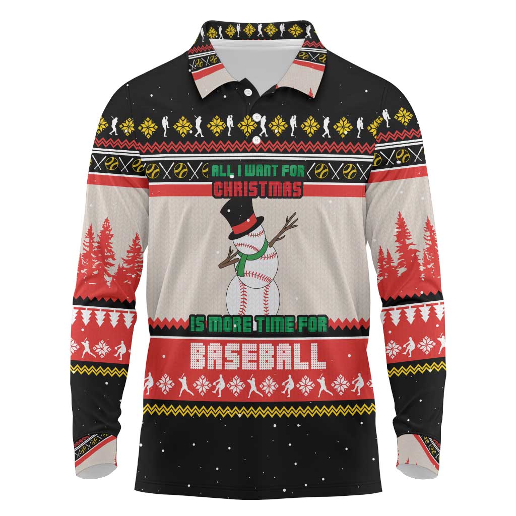 Is More Time for Baseball Design Long Sleeve Polo Shirt with Baseball Snowman All I Want for Christmas - Wonder Print Shop