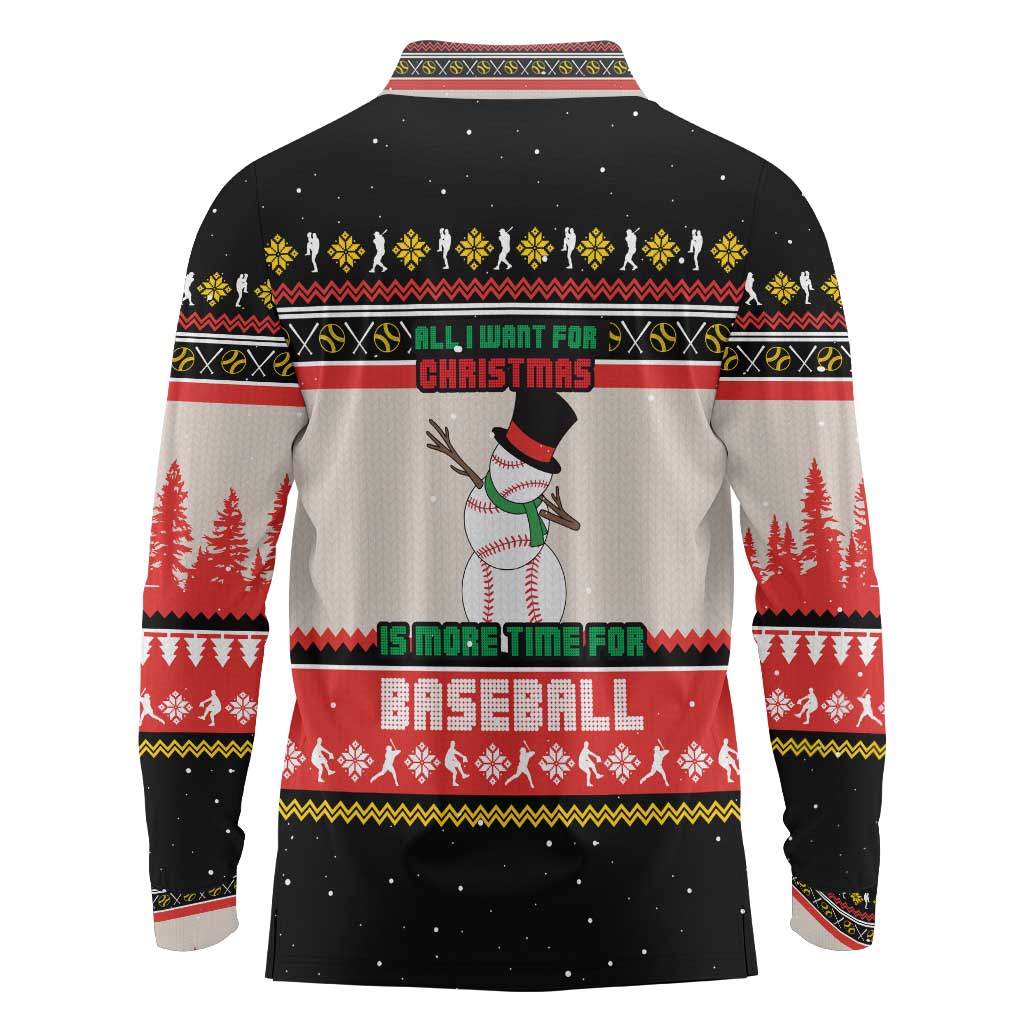 Is More Time for Baseball Design Long Sleeve Polo Shirt with Baseball Snowman All I Want for Christmas - Wonder Print Shop