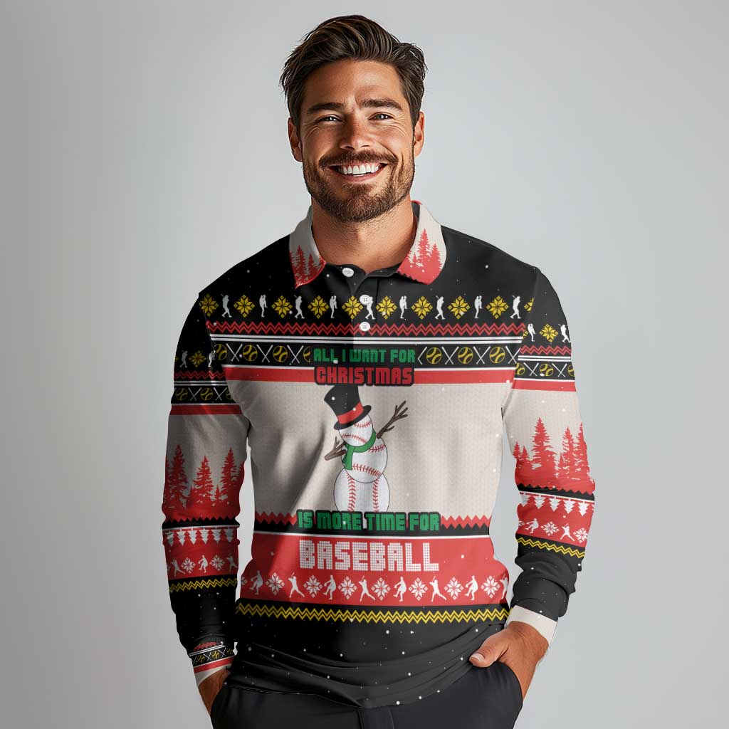 Is More Time for Baseball Design Long Sleeve Polo Shirt with Baseball Snowman All I Want for Christmas - Wonder Print Shop