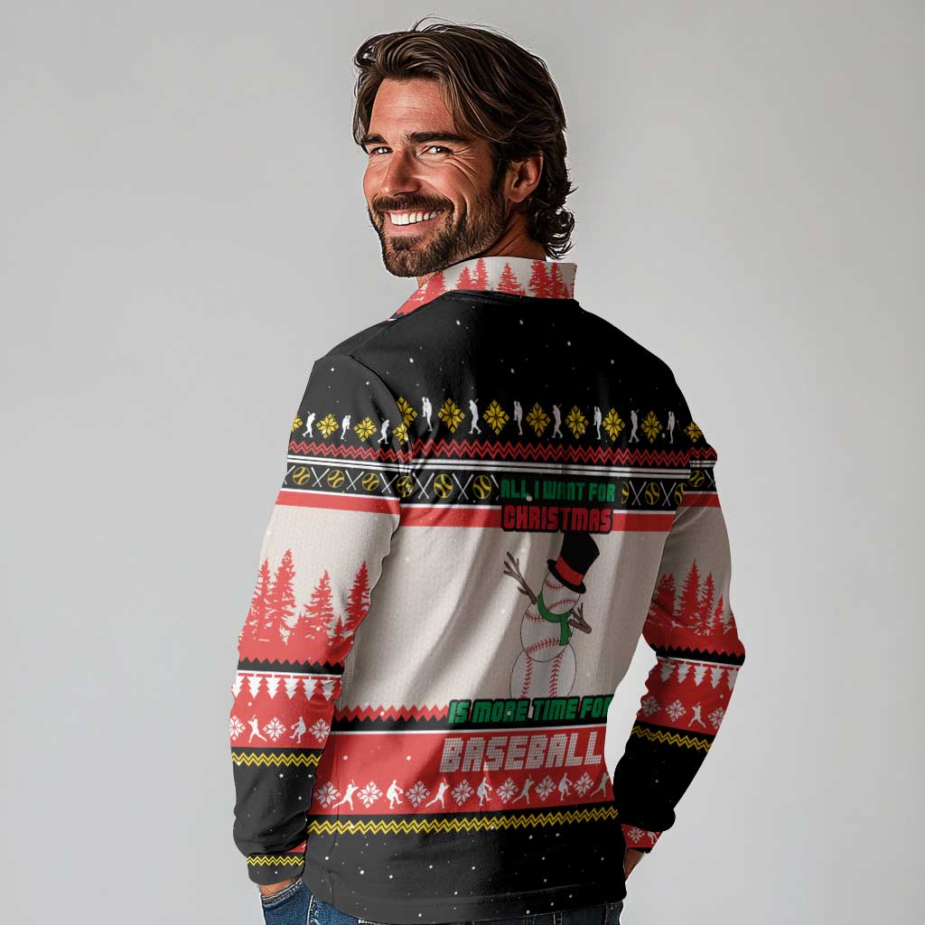 Is More Time for Baseball Design Long Sleeve Polo Shirt with Baseball Snowman All I Want for Christmas - Wonder Print Shop