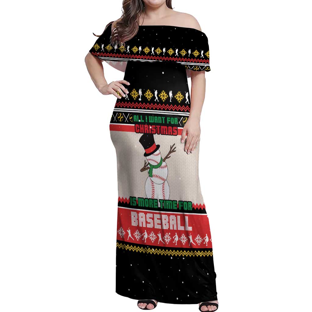 Is More Time for Baseball Design Off Shoulder Maxi Dress with Baseball Snowman All I Want for Christmas - Wonder Print Shop