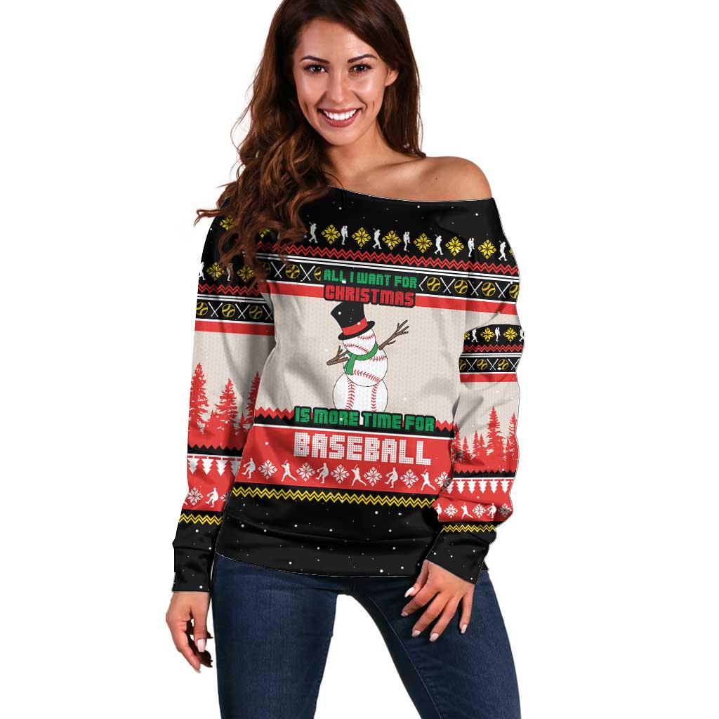 Is More Time for Baseball Design Off Shoulder Sweater with Baseball Snowman All I Want for Christmas - Wonder Print Shop