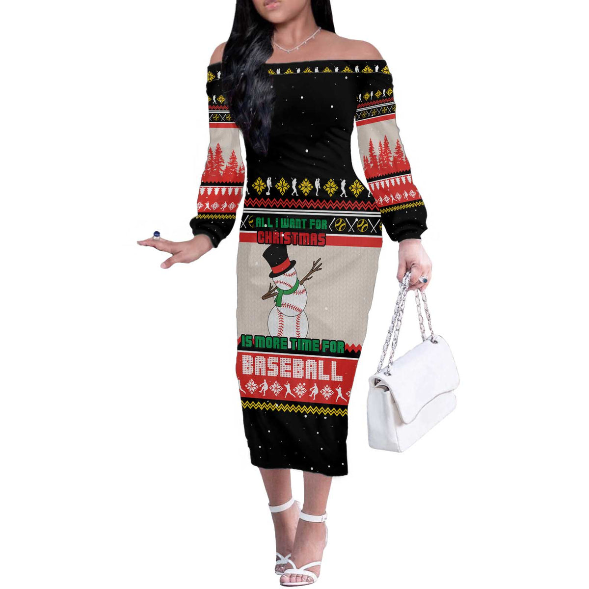Is More Time for Baseball Design Off The Shoulder Long Sleeve Dress with Baseball Snowman All I Want for Christmas - Wonder Print Shop
