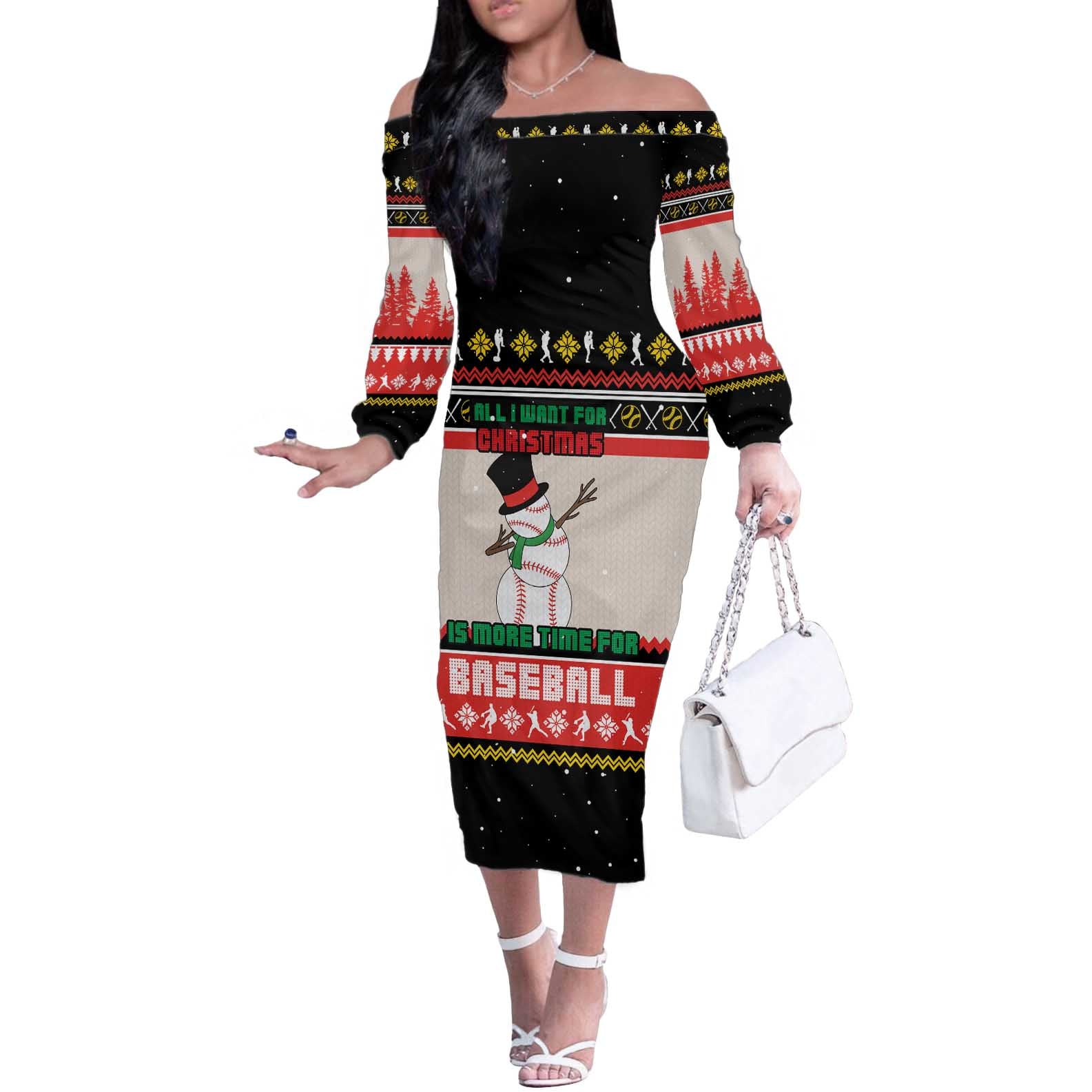 Is More Time for Baseball Design Off The Shoulder Long Sleeve Dress with Baseball Snowman All I Want for Christmas - Wonder Print Shop