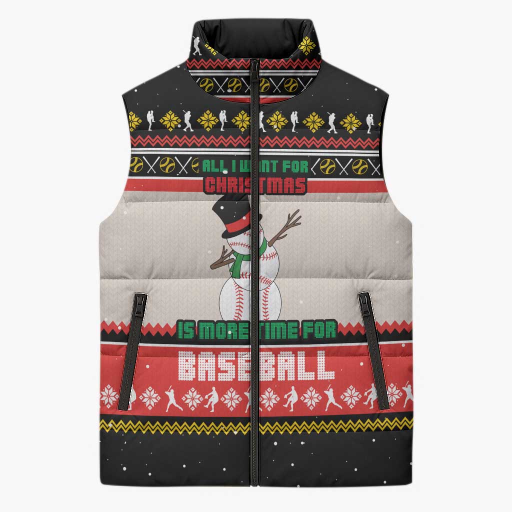 Is More Time for Baseball Design Sleeveless Puffer Jacket with Baseball Snowman All I Want for Christmas - Wonder Print Shop
