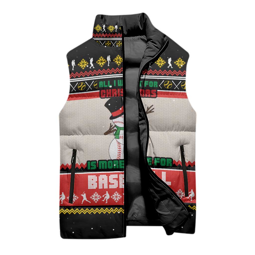 Is More Time for Baseball Design Sleeveless Puffer Jacket with Baseball Snowman All I Want for Christmas - Wonder Print Shop