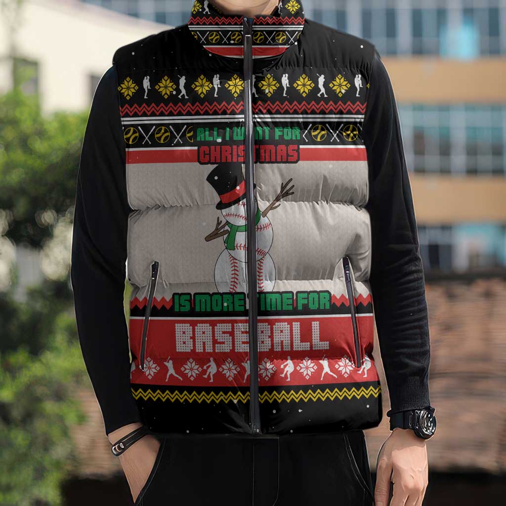 Is More Time for Baseball Design Sleeveless Puffer Jacket with Baseball Snowman All I Want for Christmas - Wonder Print Shop