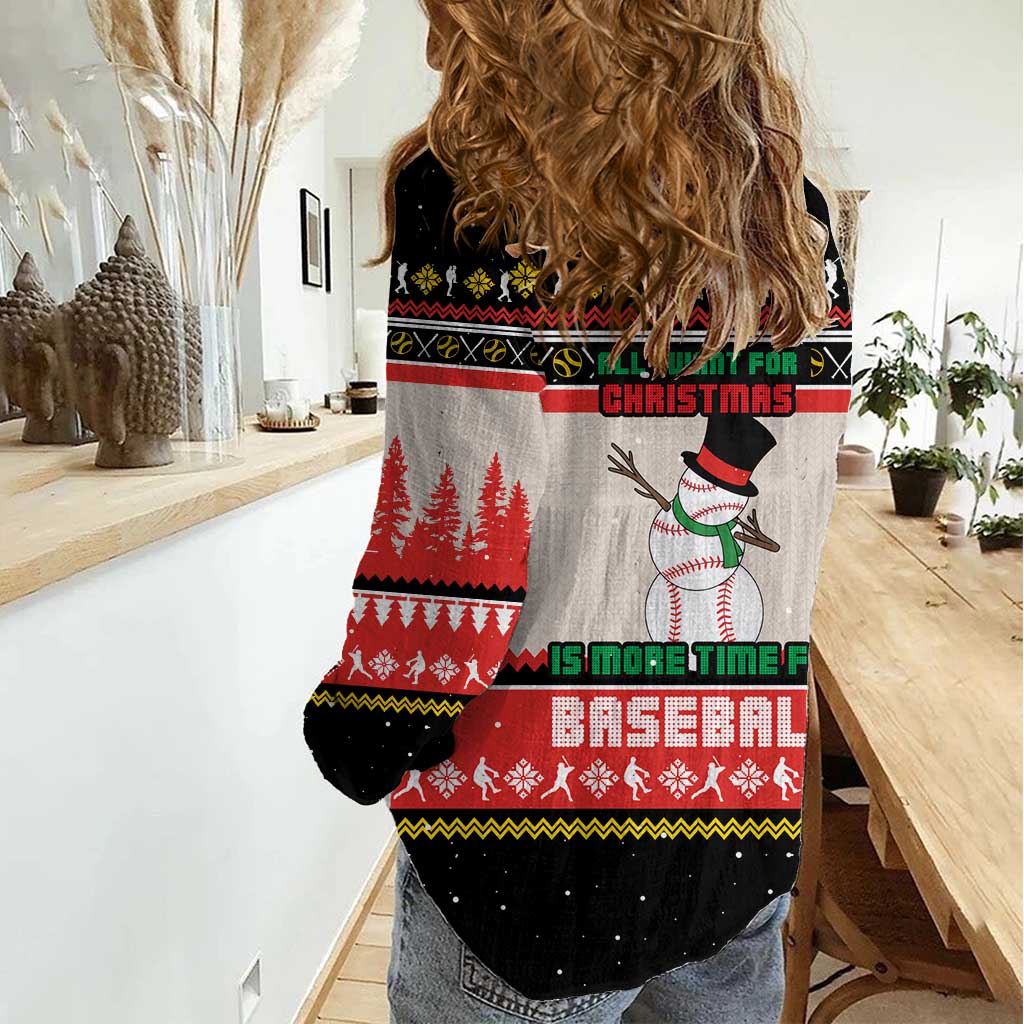 Is More Time for Baseball Design Women Casual Shirt with Baseball Snowman All I Want for Christmas - Wonder Print Shop