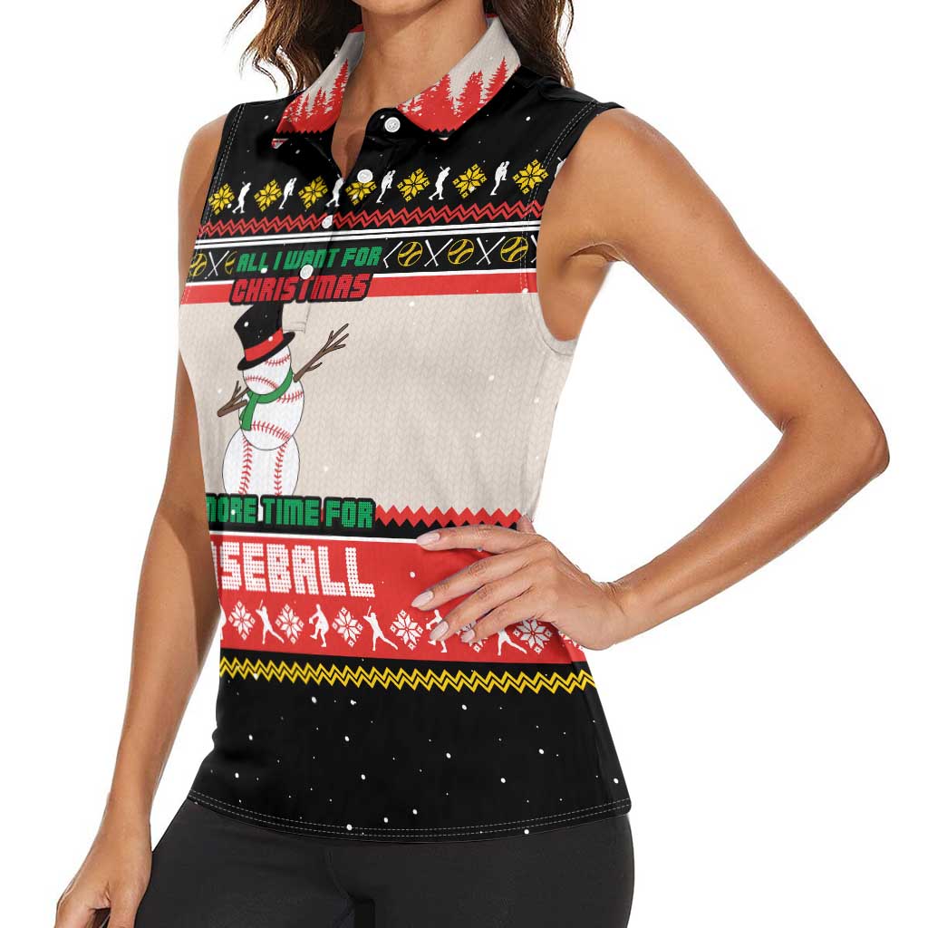Is More Time for Baseball Design Women Sleeveless Polo Shirt with Baseball Snowman All I Want for Christmas - Wonder Print Shop
