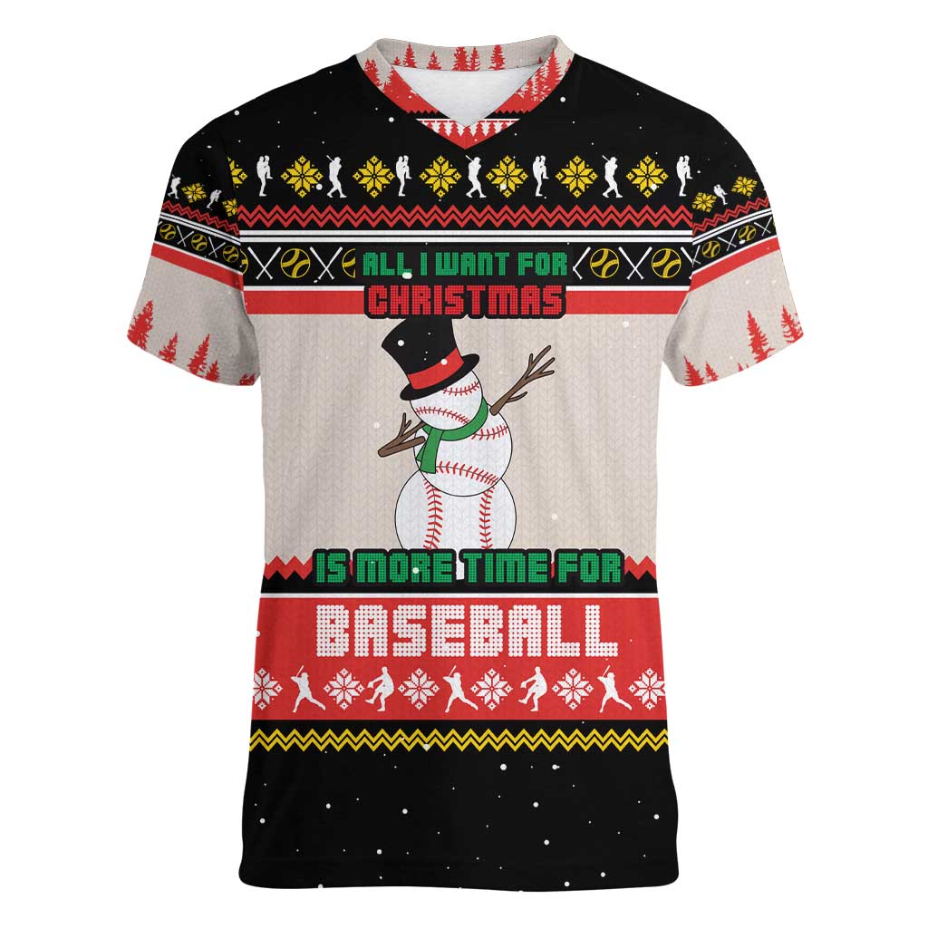 Is More Time for Baseball Design Women V-Neck T-Shirt with Baseball Snowman All I Want for Christmas - Wonder Print Shop
