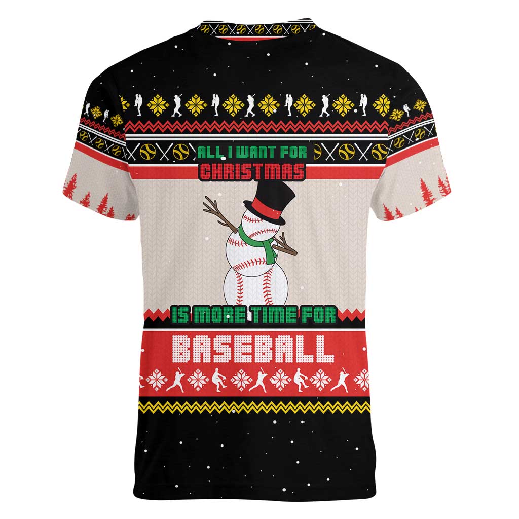Is More Time for Baseball Design Women V-Neck T-Shirt with Baseball Snowman All I Want for Christmas - Wonder Print Shop