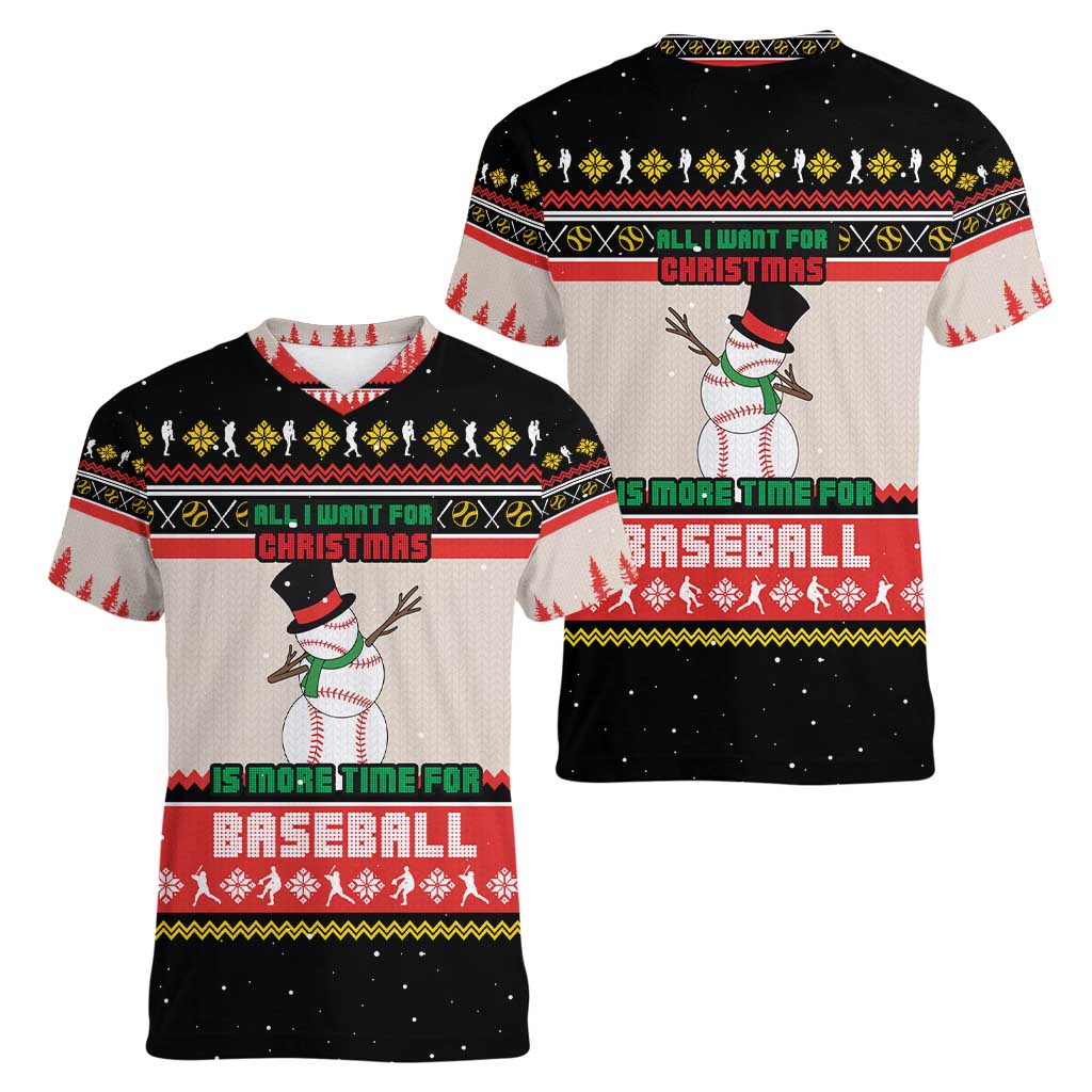 Is More Time for Baseball Design Women V-Neck T-Shirt with Baseball Snowman All I Want for Christmas - Wonder Print Shop
