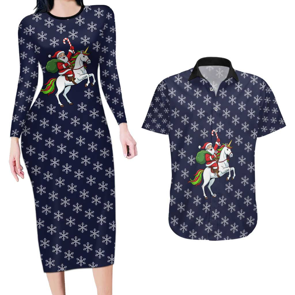 Horse And Santa Claus Christmas Christmas Couples Matching Long Sleeve Bodycon Dress and Hawaiian Shirt Xmas Holiday Patterns - Wonder Print Shop