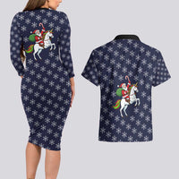 Horse And Santa Claus Christmas Christmas Couples Matching Long Sleeve Bodycon Dress and Hawaiian Shirt Xmas Holiday Patterns - Wonder Print Shop